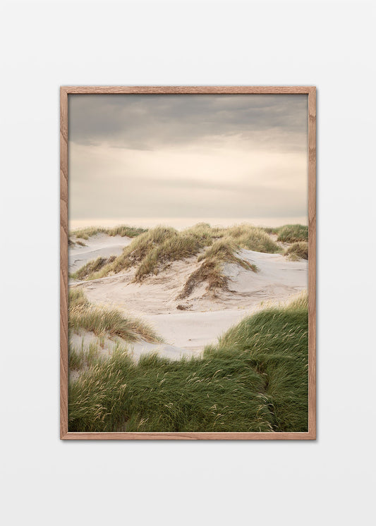 Vestkystens klitter med sand, grønt græs og rolig himmel ved Hvide Sande