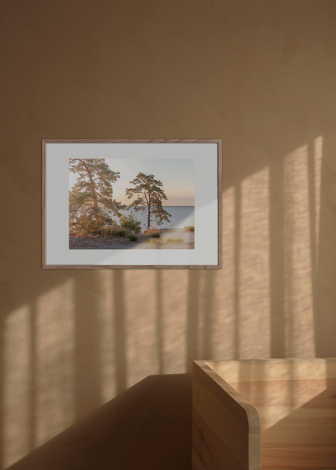 Træer i modlys ved Gotlands klippekyst med solnedgang og hav i baggrunden.